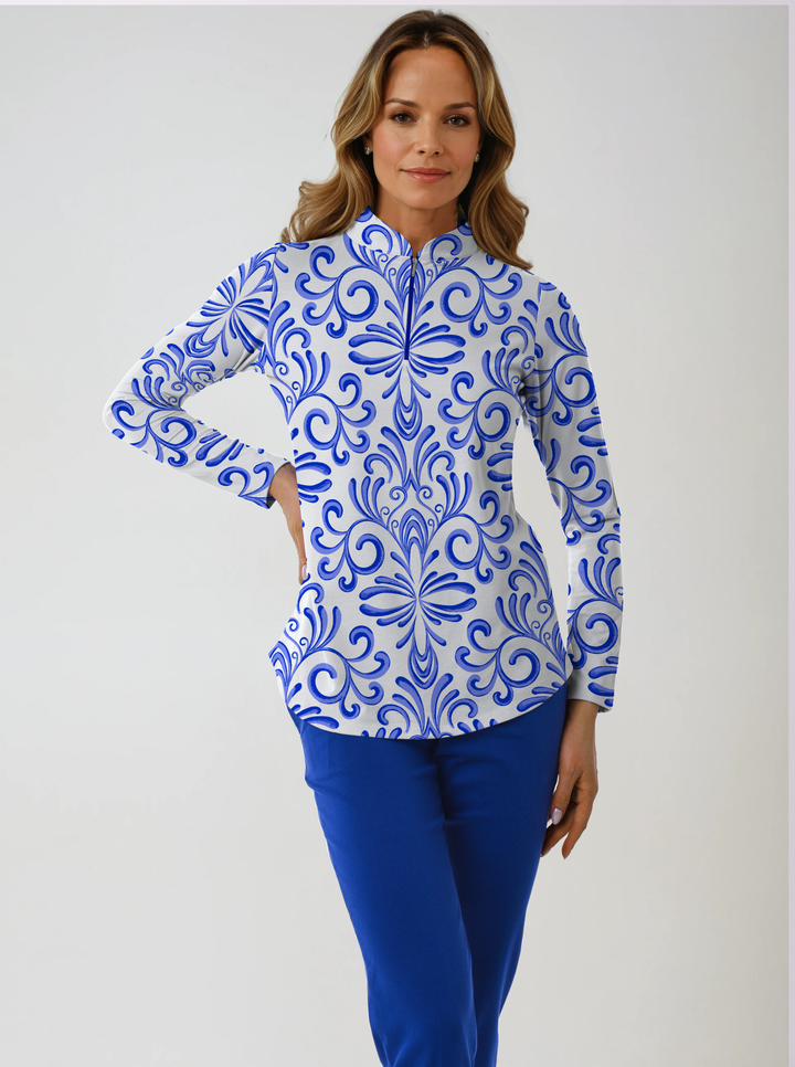 Bonanza Print Cotton Knit Zip Mock Neck Top