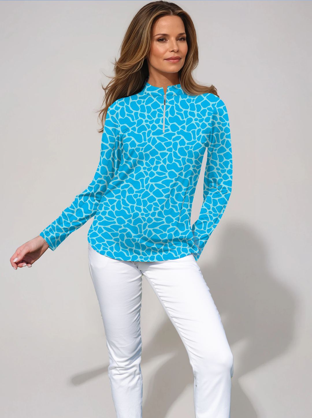 Giraffe Skin Printed Long Sleeve Mock Neck Poly Top
