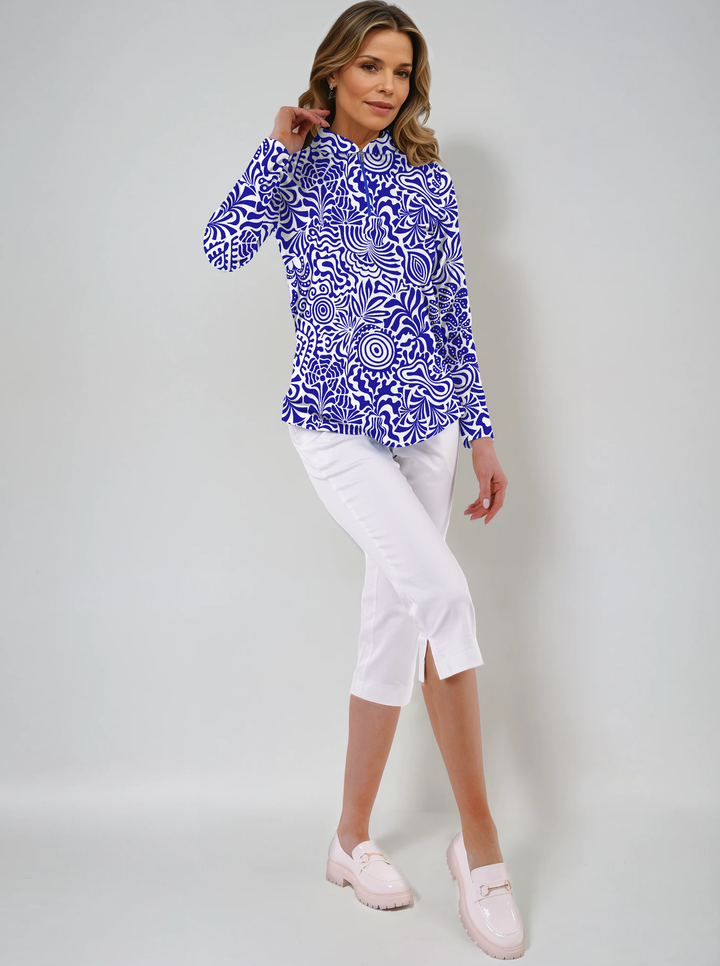 Artista Print Cotton Knit Zip Mock Neck Top