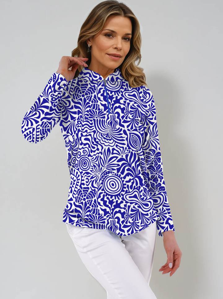 Artista Print Cotton Knit Zip Mock Neck Top