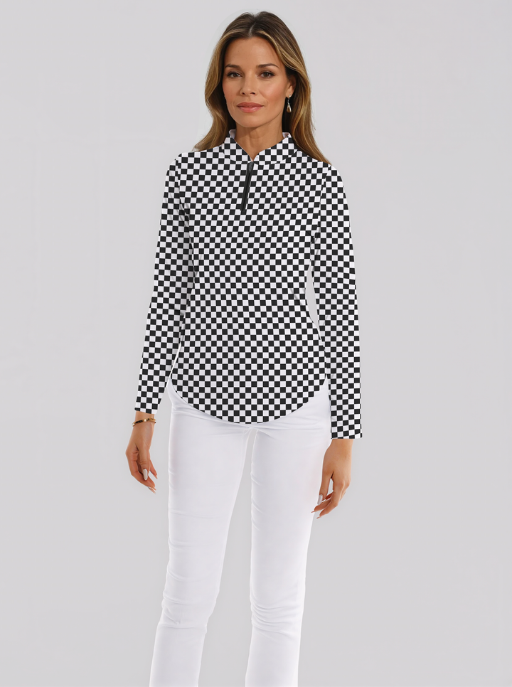 Checkered Print Cotton Knit Zip Mock Neck Top