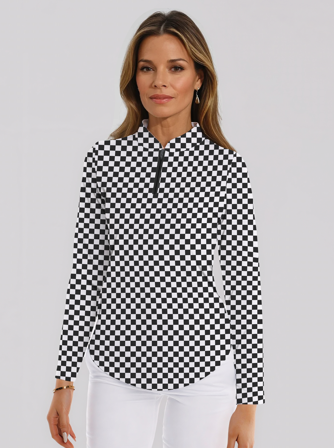 Checkered Print Cotton Knit Zip Mock Neck Top