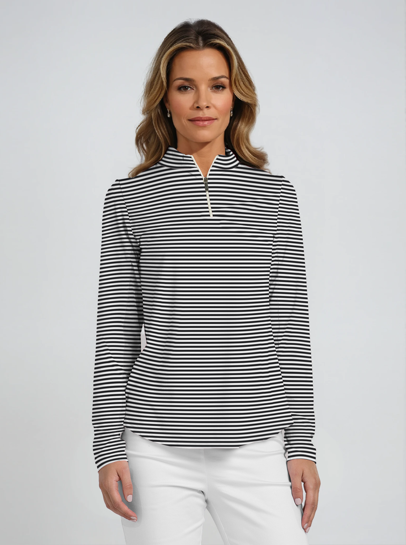 Verona Stripe Print Cotton Knit Zip Mock Neck Top