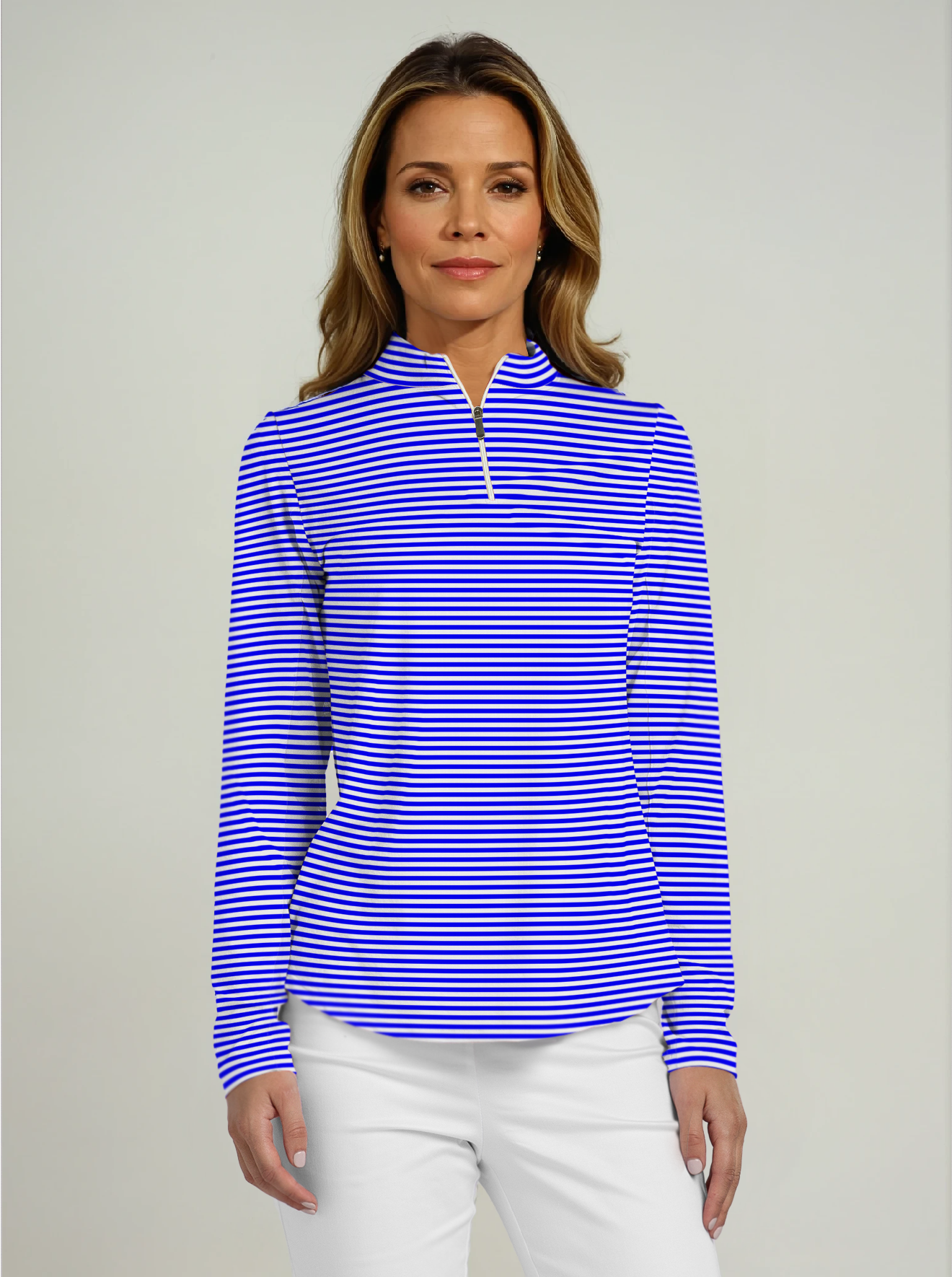 Verona Stripe Print Cotton Knit Zip Mock Neck Top