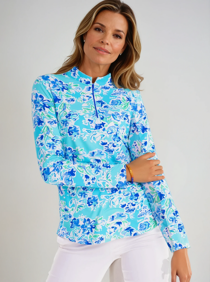 Nylon Long Sleeve Zip Mock Neck Top