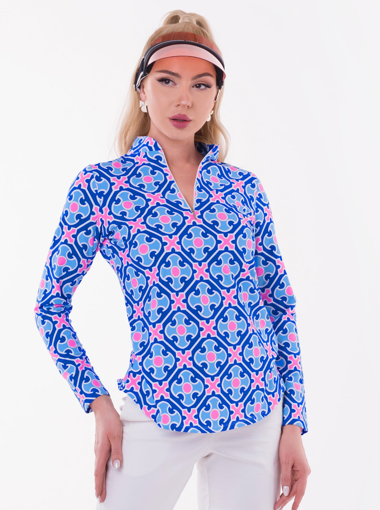 Monika Print Cotton Knit Zip Mock Neck Top