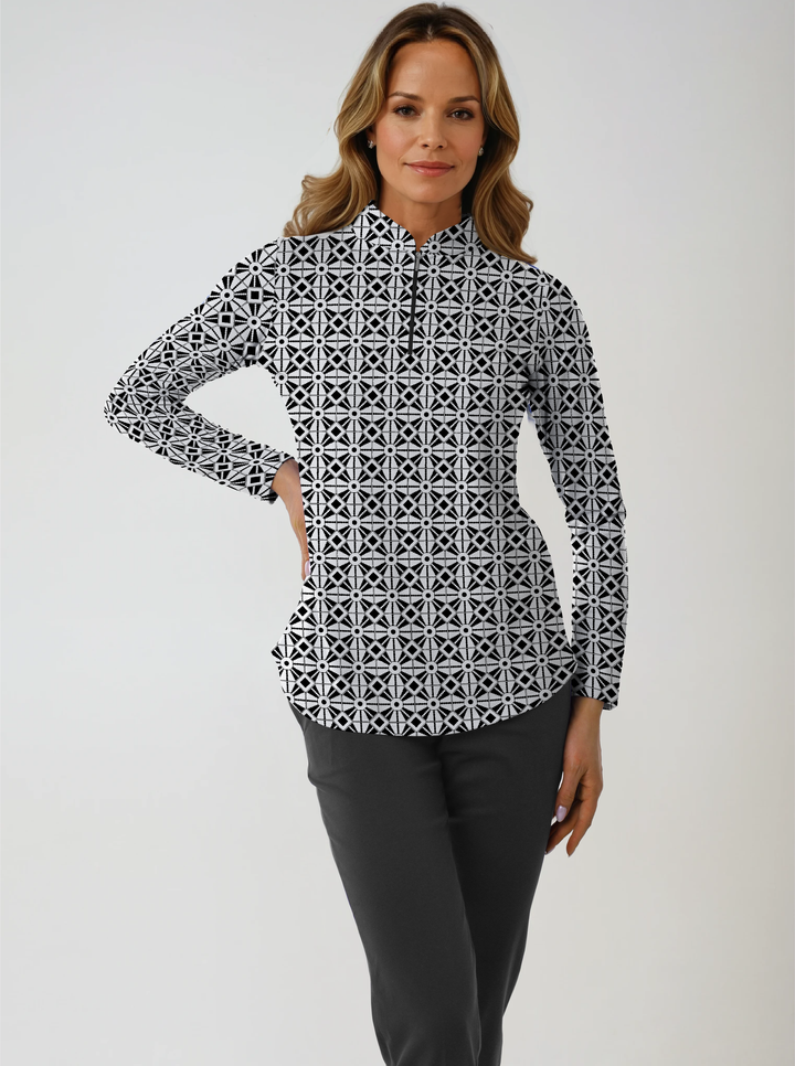 Leeza Printed Long Sleeve Mock Neck Poly Top