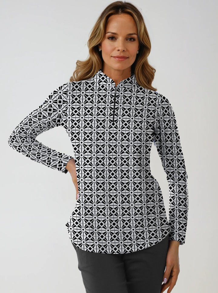 Leeza Printed Long Sleeve Mock Neck Poly Top