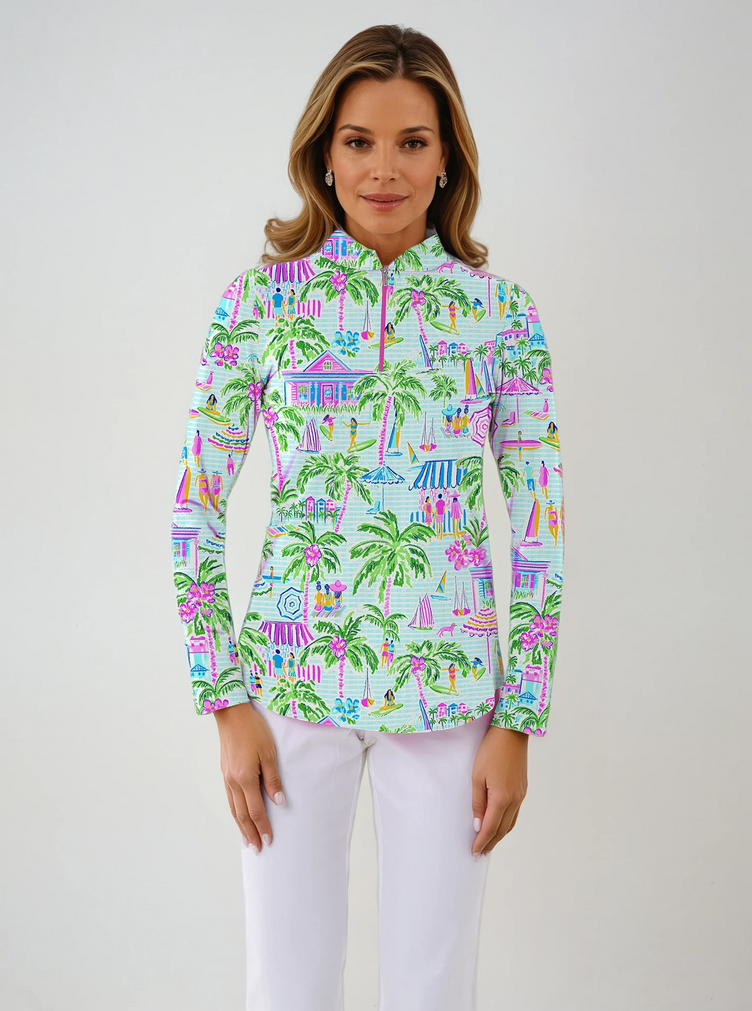 Lifestyle Print Cotton Knit Zip Mock Neck Top