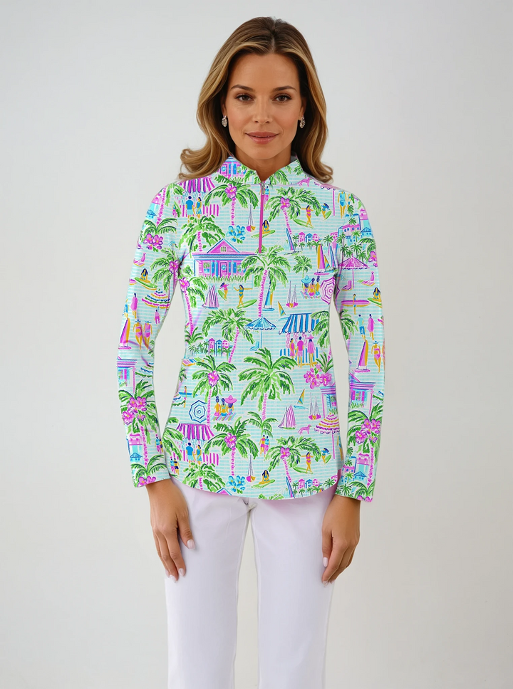 Lifestyle Print Cotton Knit Zip Mock Neck Top