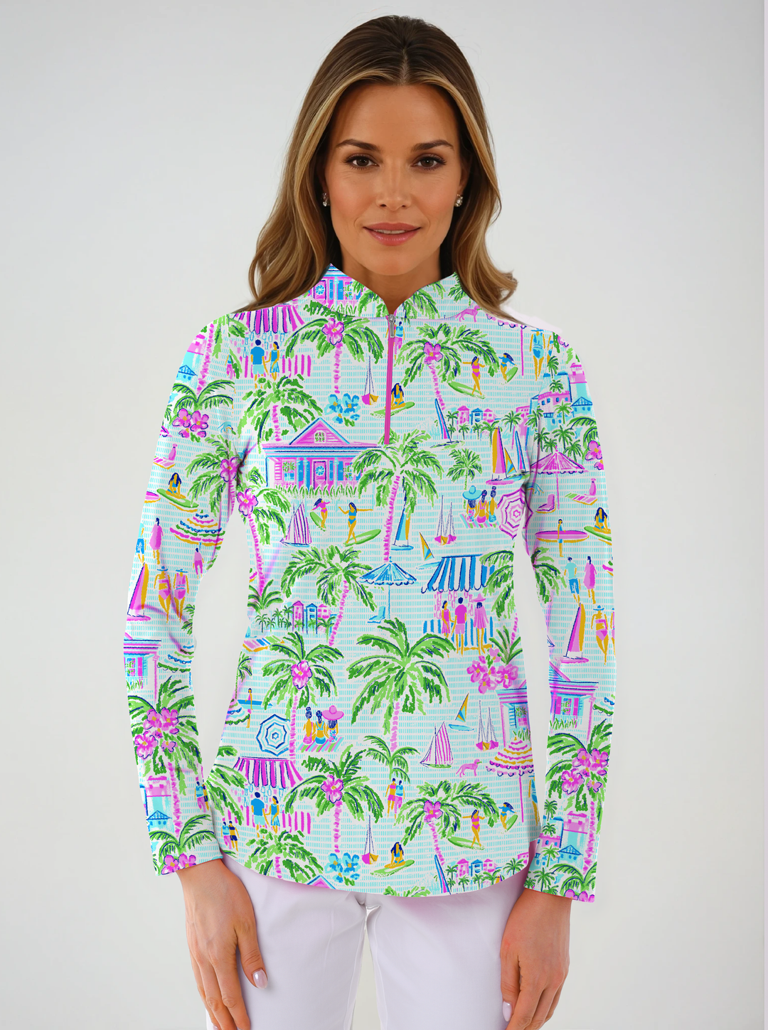 Lifestyle Print Cotton Knit Zip Mock Neck Top
