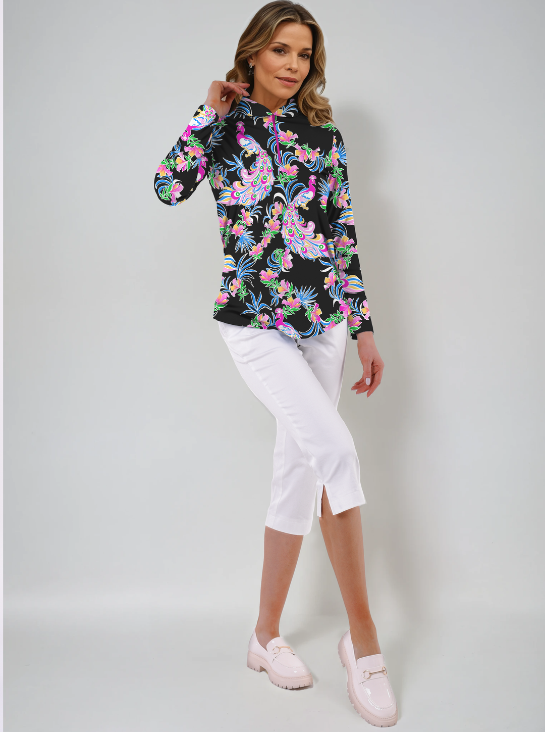 Preciosa Print Cotton Knit Zip Mock Neck Top
