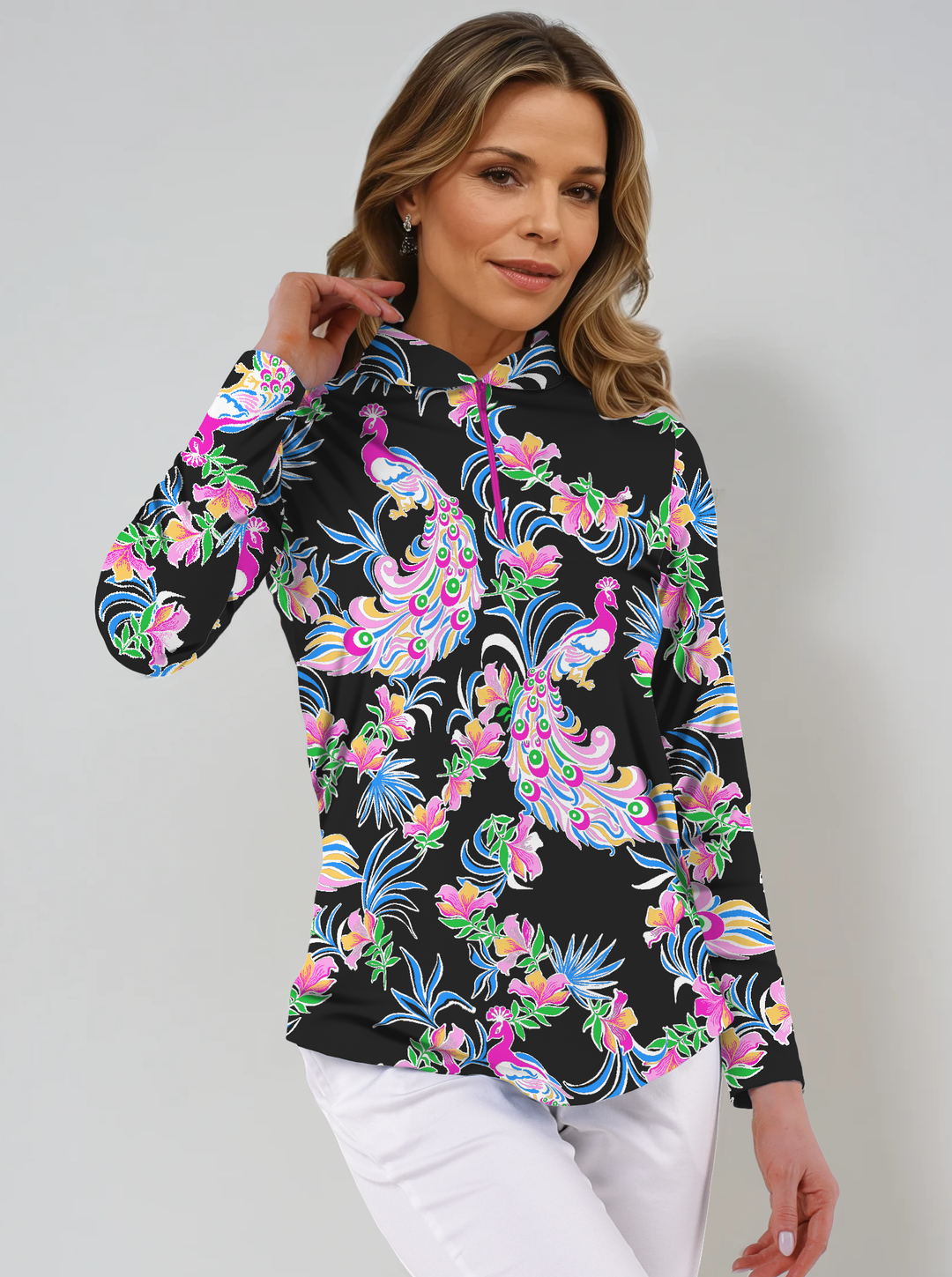 Preciosa Print Cotton Knit Zip Mock Neck Top