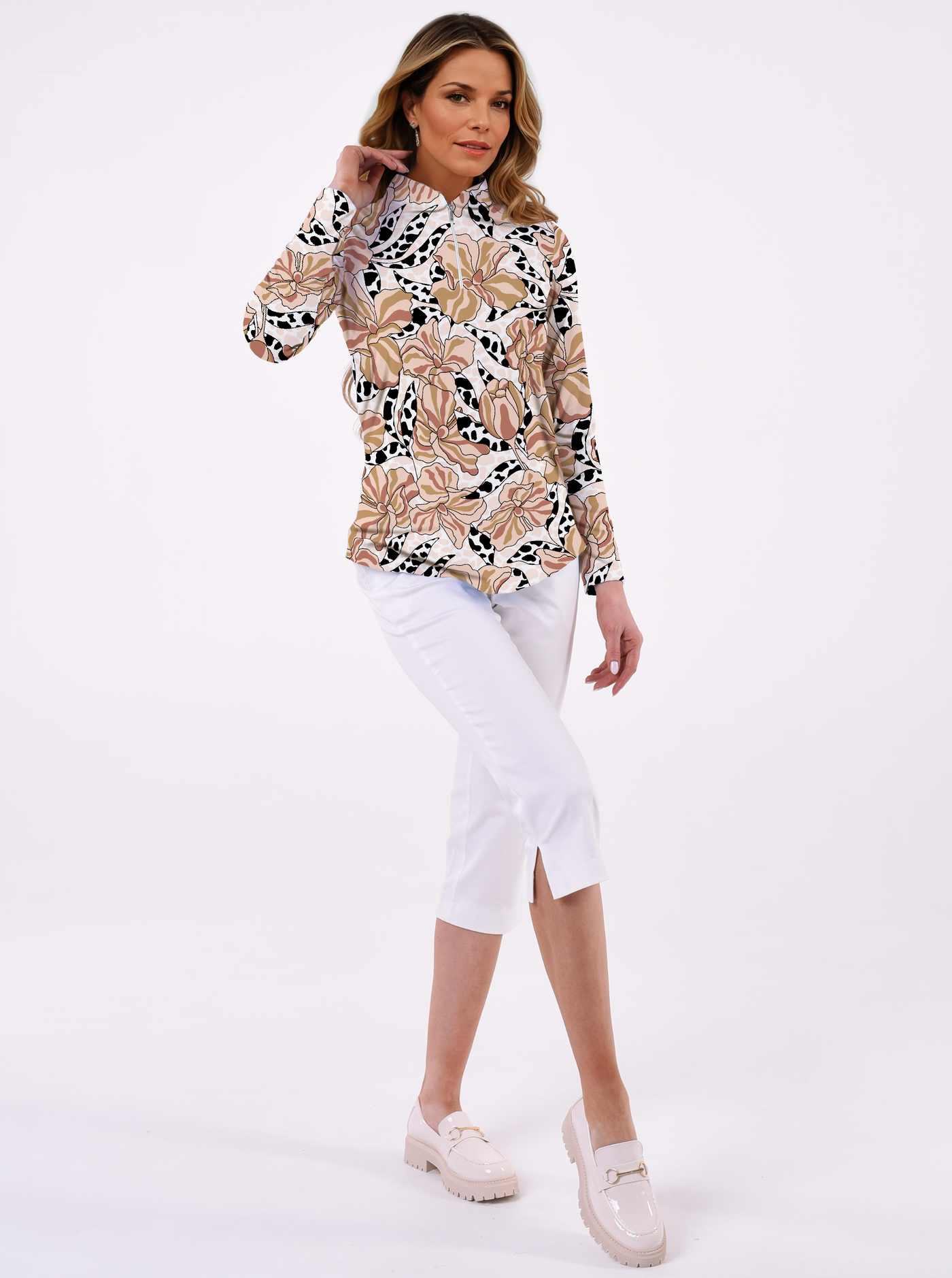 Ruby Print Cotton Knit Zip Mock Neck Top