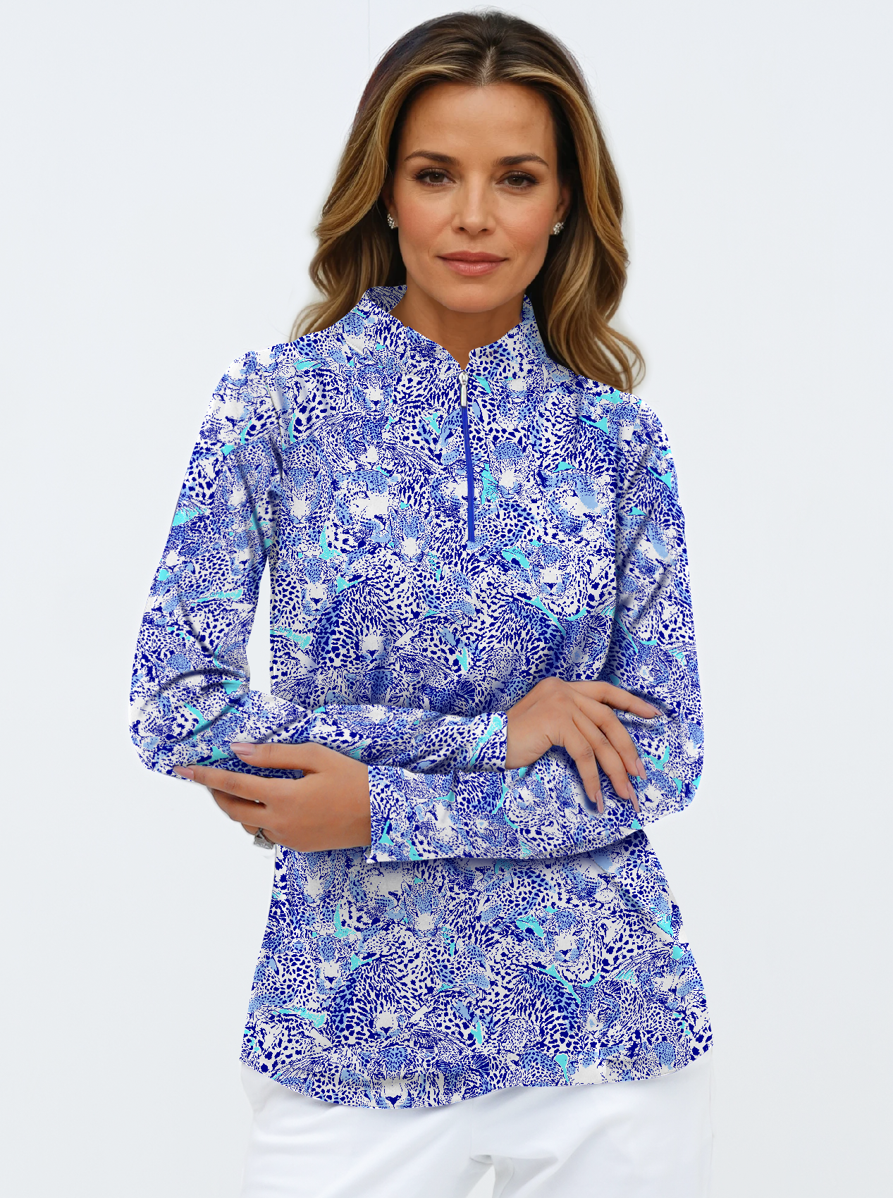 Wild Side Print Cotton Knit Zip Mock Neck Top