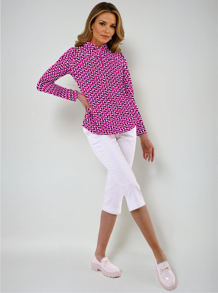 Nylon Long Sleeve Zip Mock Neck Top