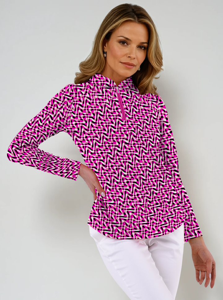 Nylon Long Sleeve Zip Mock Neck Top
