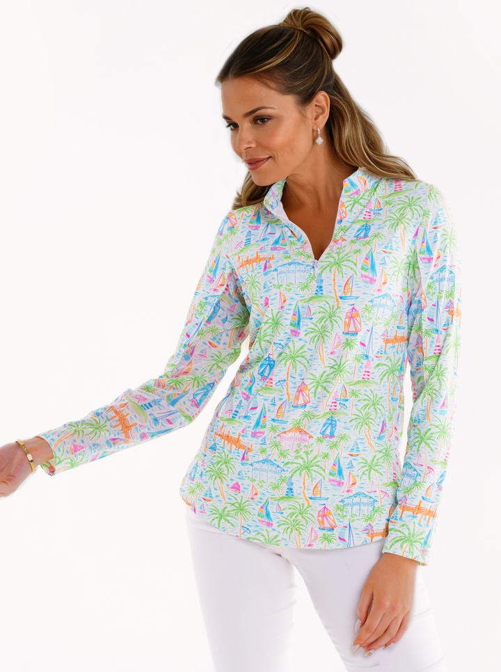 Nylon Long Sleeve Zip Mock Neck Top