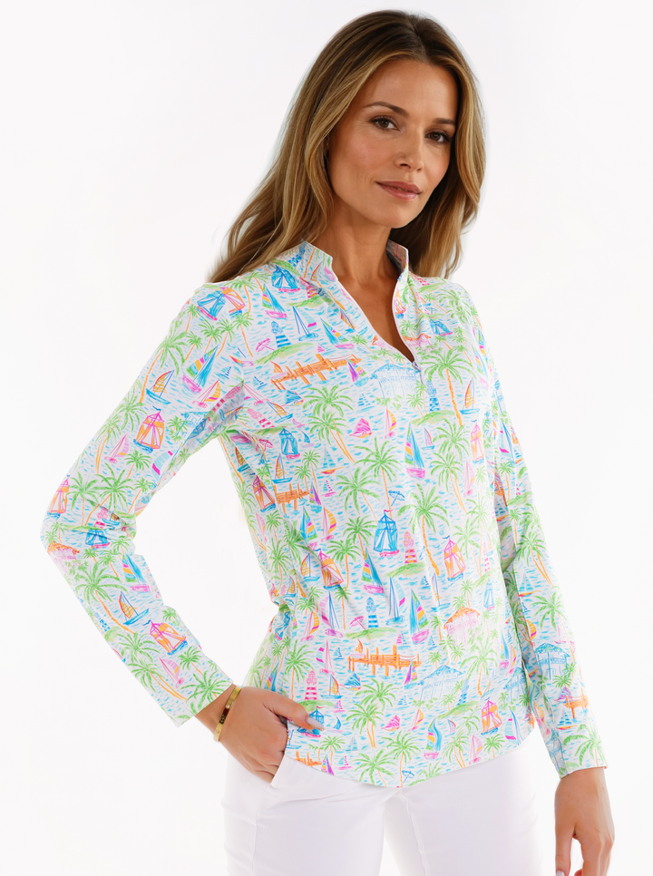 Nylon Long Sleeve Zip Mock Neck Top