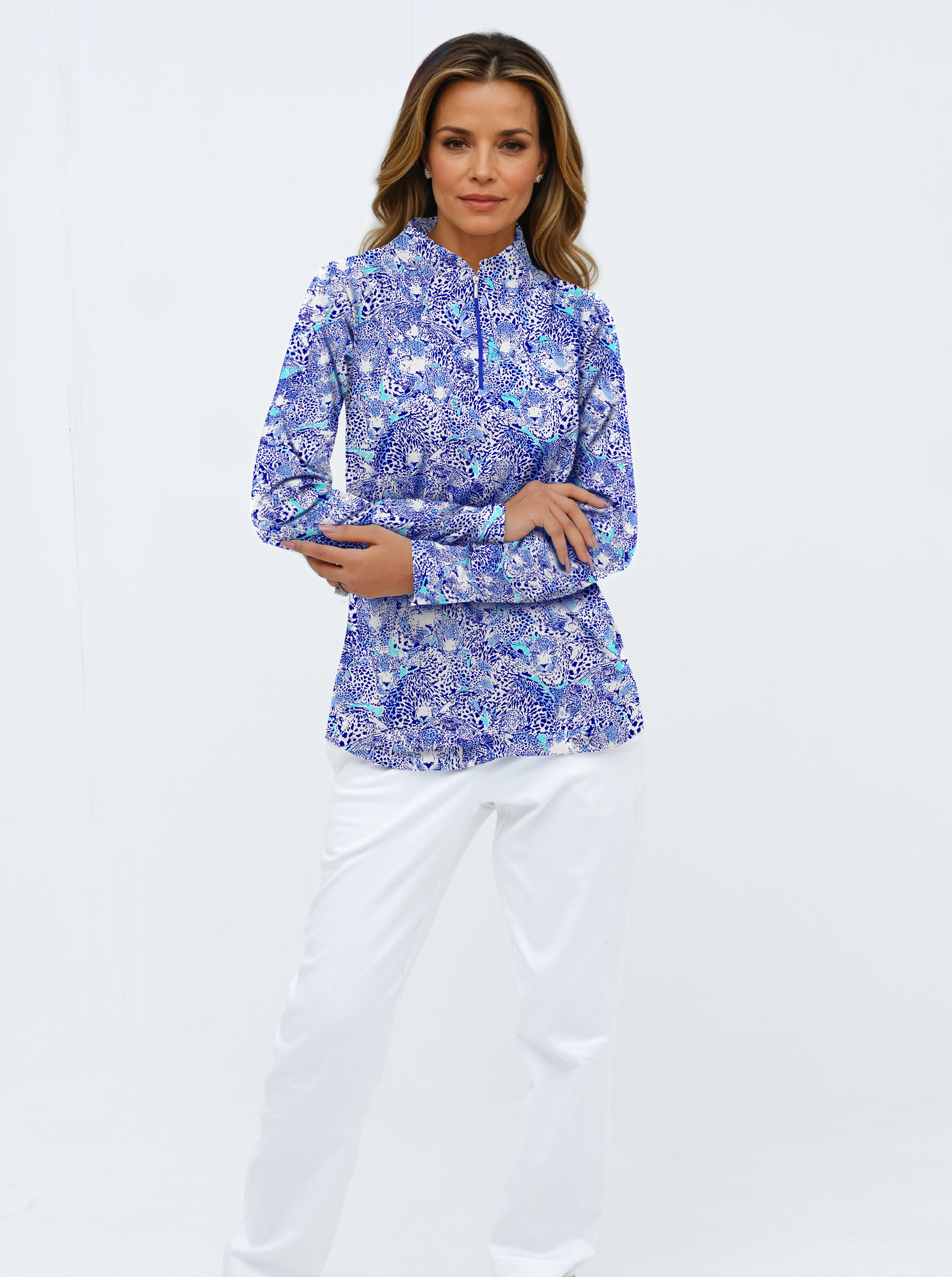 Wild Side Print Cotton Knit Zip Mock Neck Top