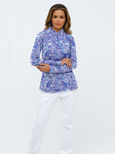 Wild Side Print Cotton Knit Zip Mock Neck Top