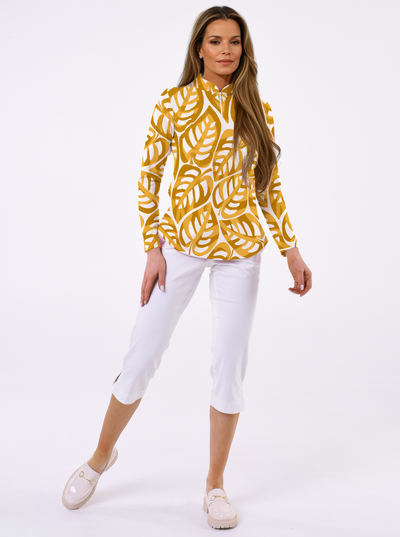 Big Forest Print Cotton Knit Zip Mock Neck Top