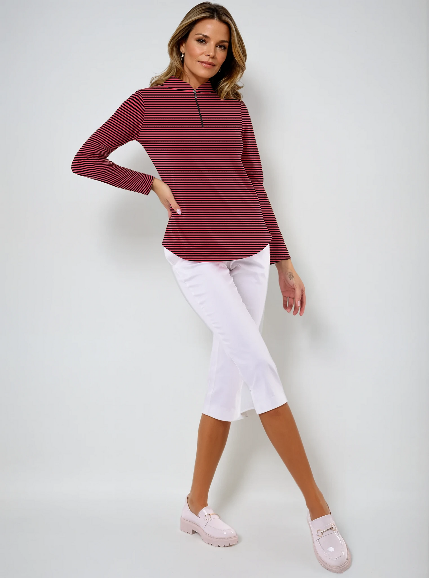 Verona Stripe Print Cotton Knit Zip Mock Neck Top