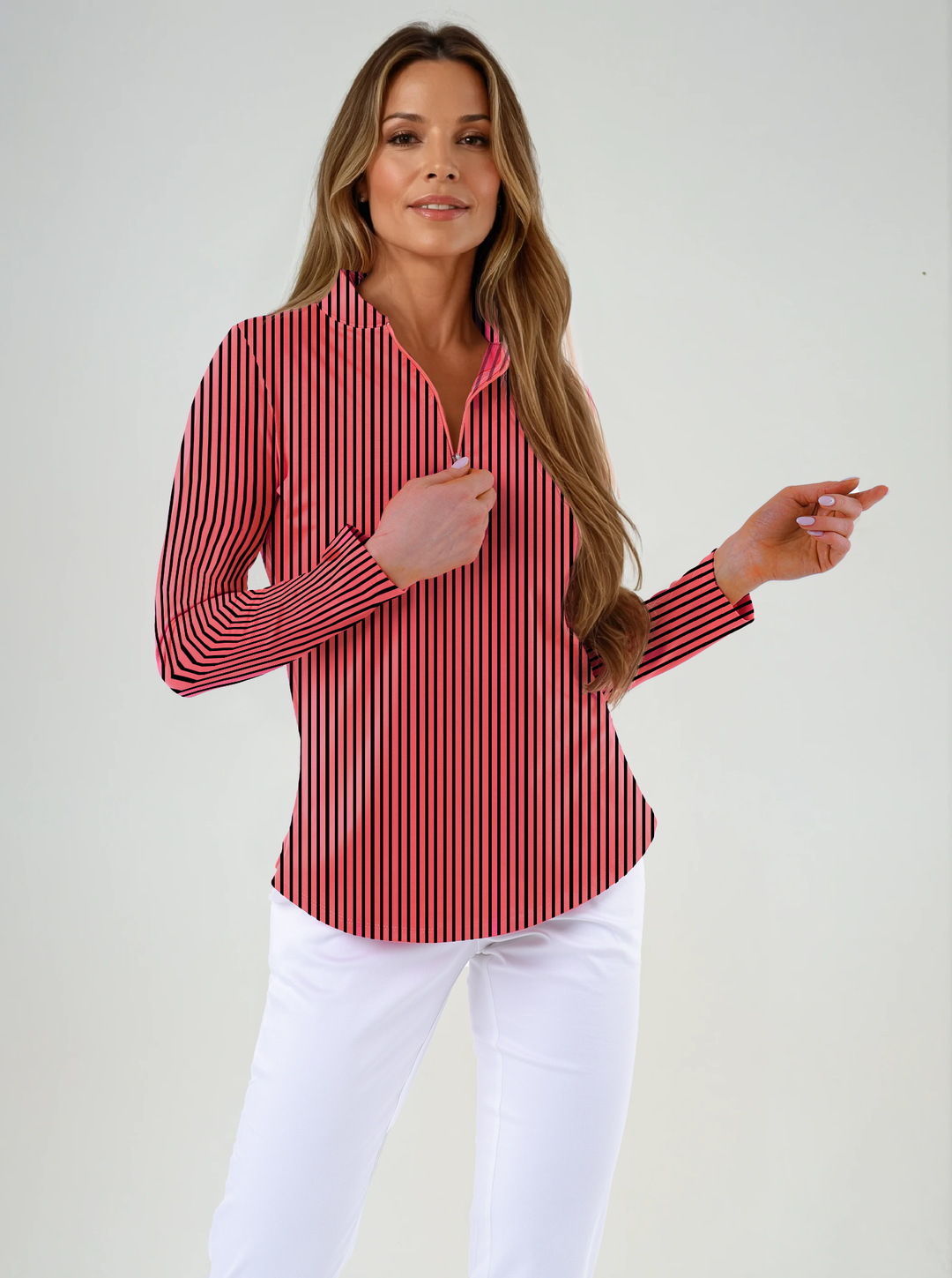 Long Sleeve Mock Neck Poly Stripe Top