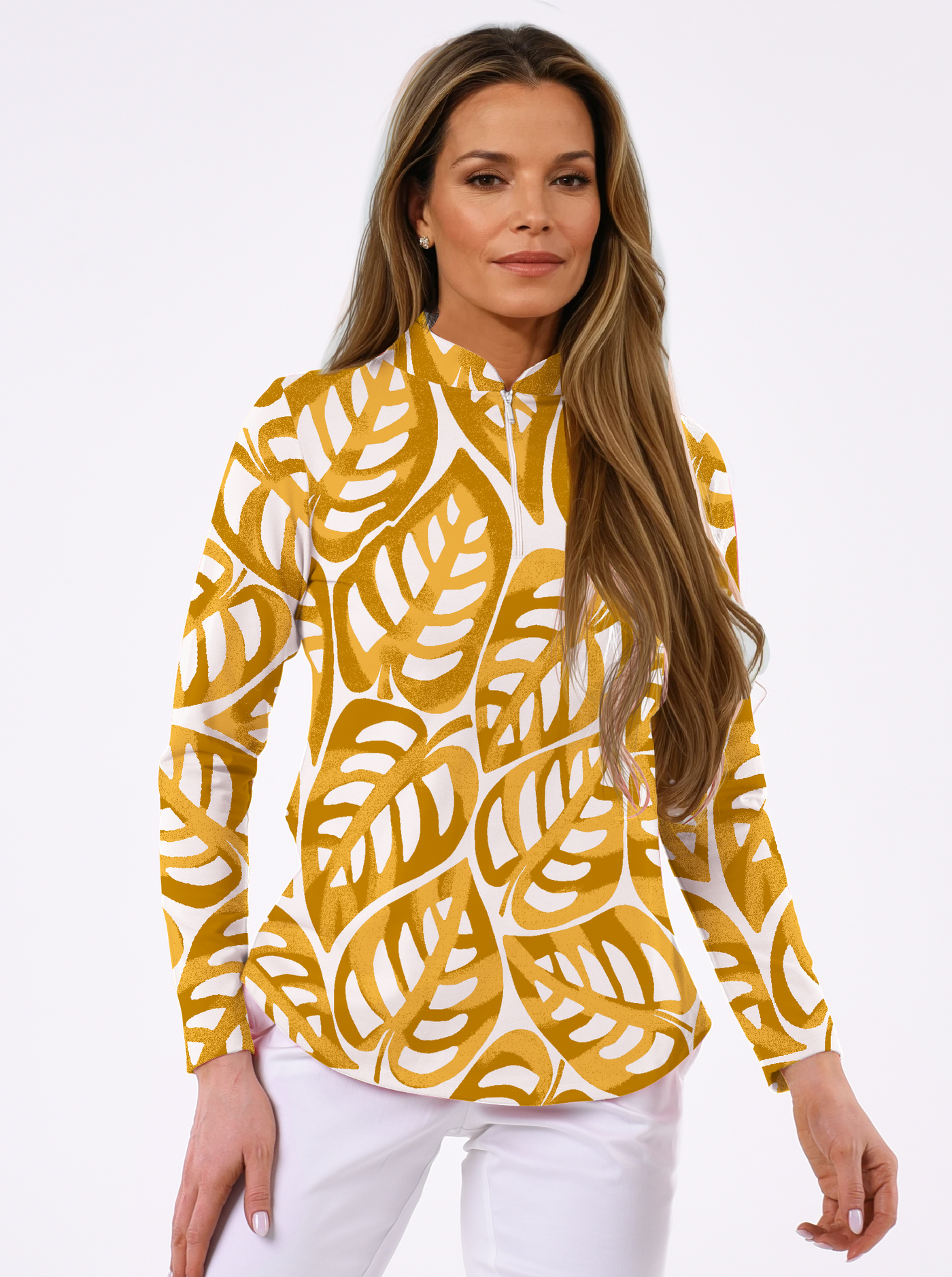 Big Forest Print Cotton Knit Zip Mock Neck Top