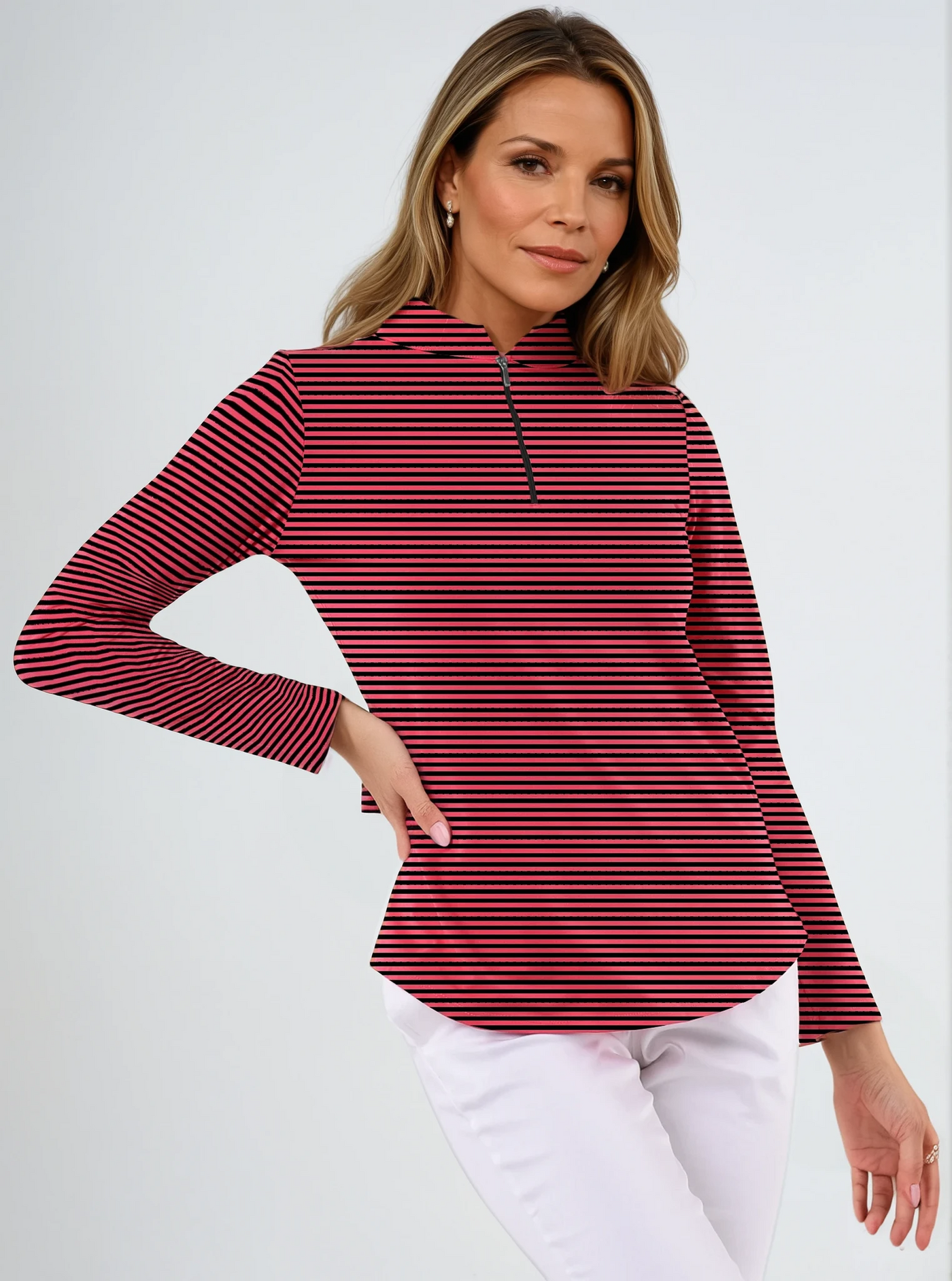 Verona Stripe Print Cotton Knit Zip Mock Neck Top