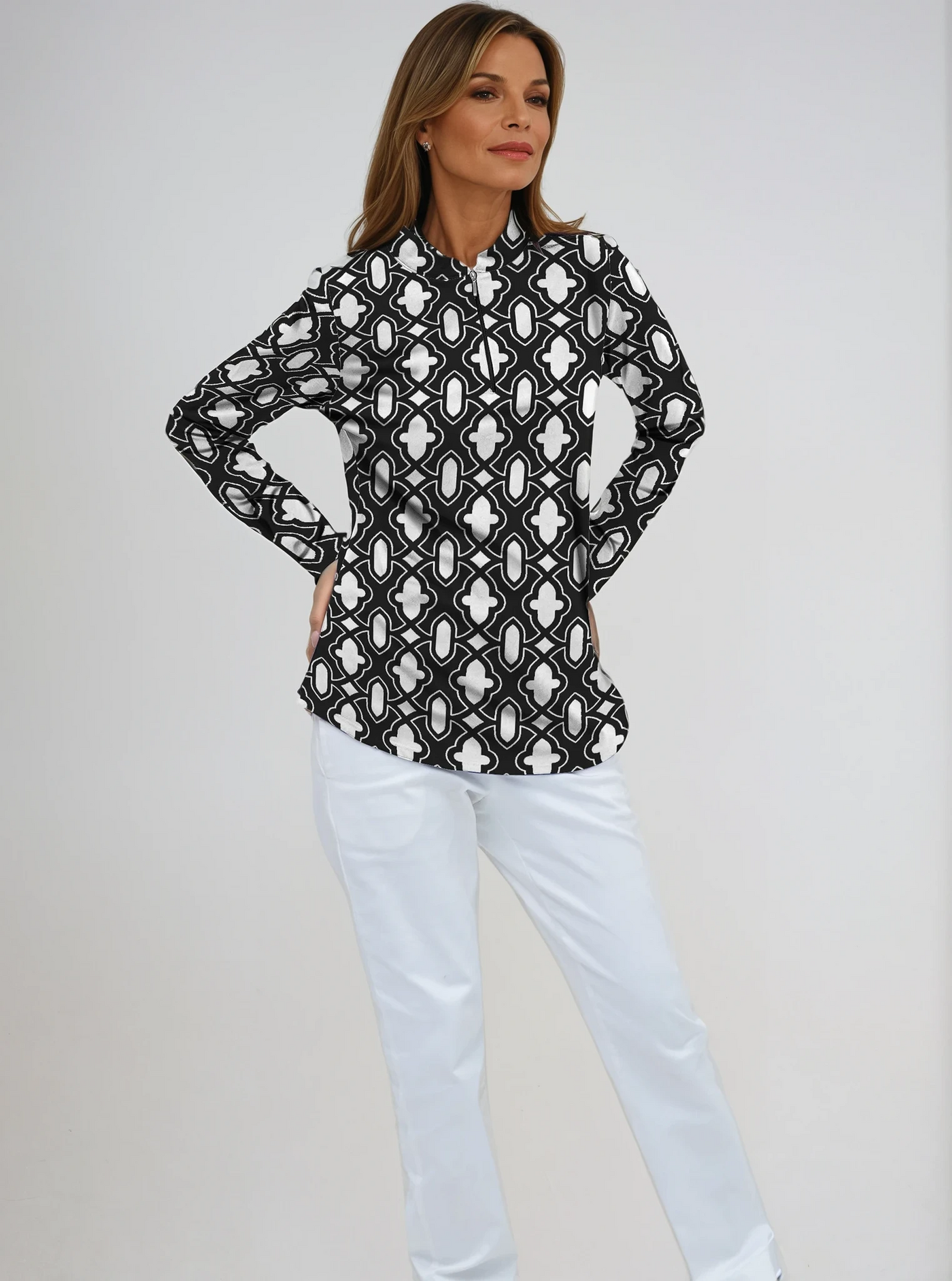 Casbah Gate Print Cotton Knit Zip Mock Neck Top