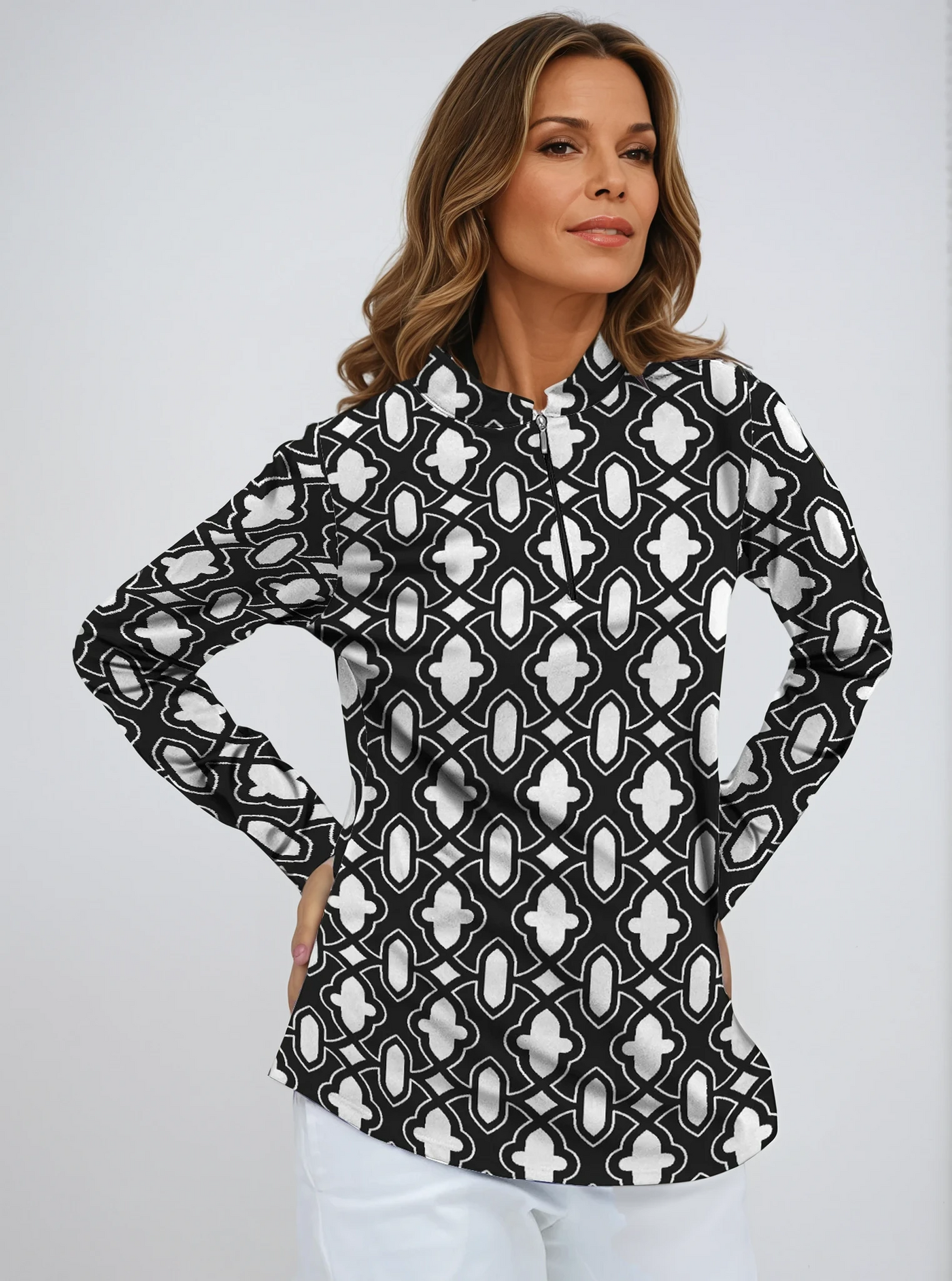 Casbah Gate Print Cotton Knit Zip Mock Neck Top