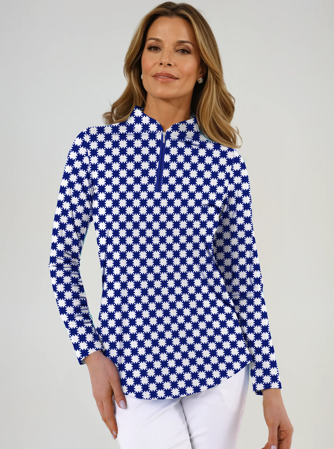 Checkboard Print Cotton Knit Zip Mock Neck Top