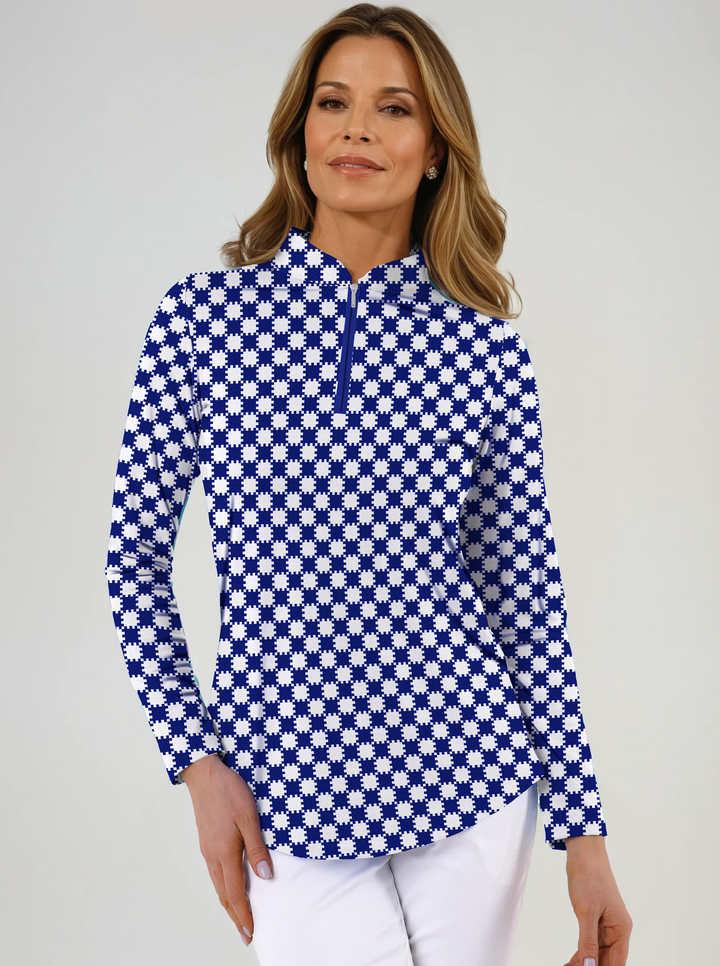 Checkboard Print Cotton Knit Zip Mock Neck Top