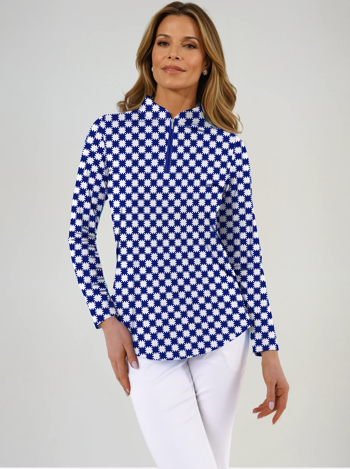 Checkboard Print Cotton Knit Zip Mock Neck Top