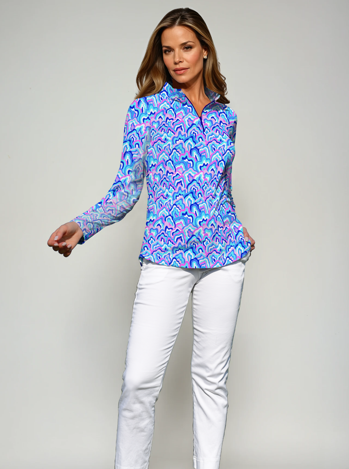 Nylon Long Sleeve Zip Mock Neck Top
