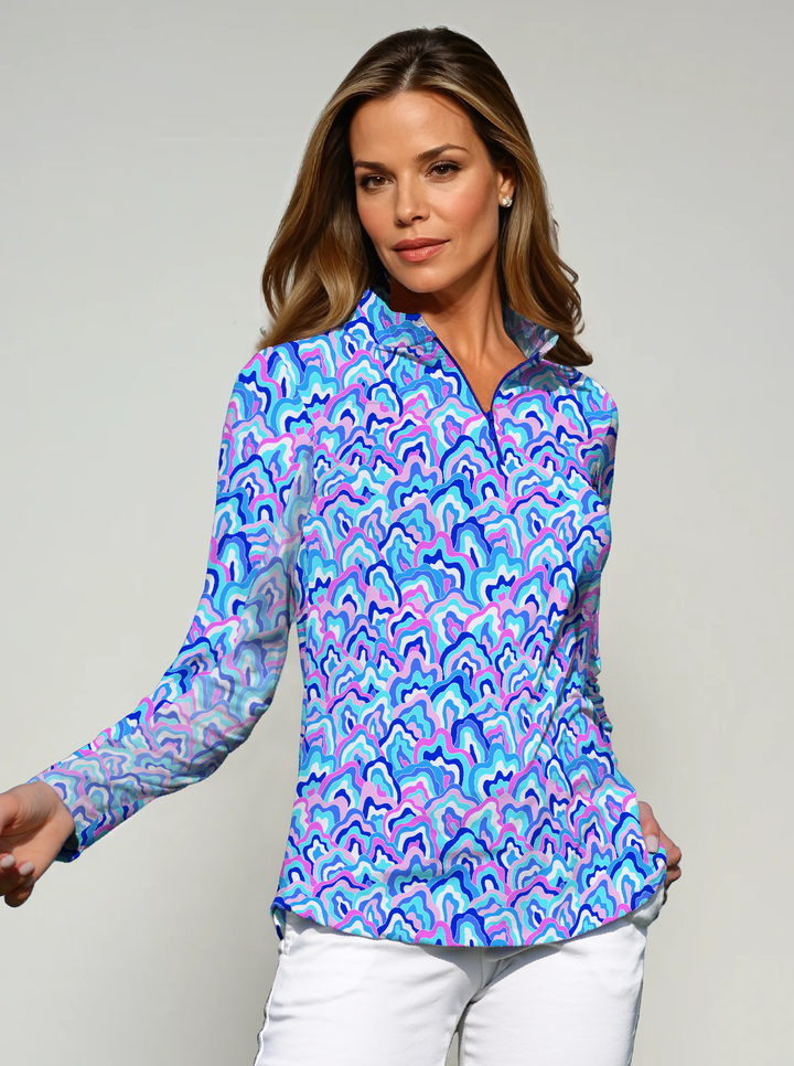 Nylon Long Sleeve Zip Mock Neck Top