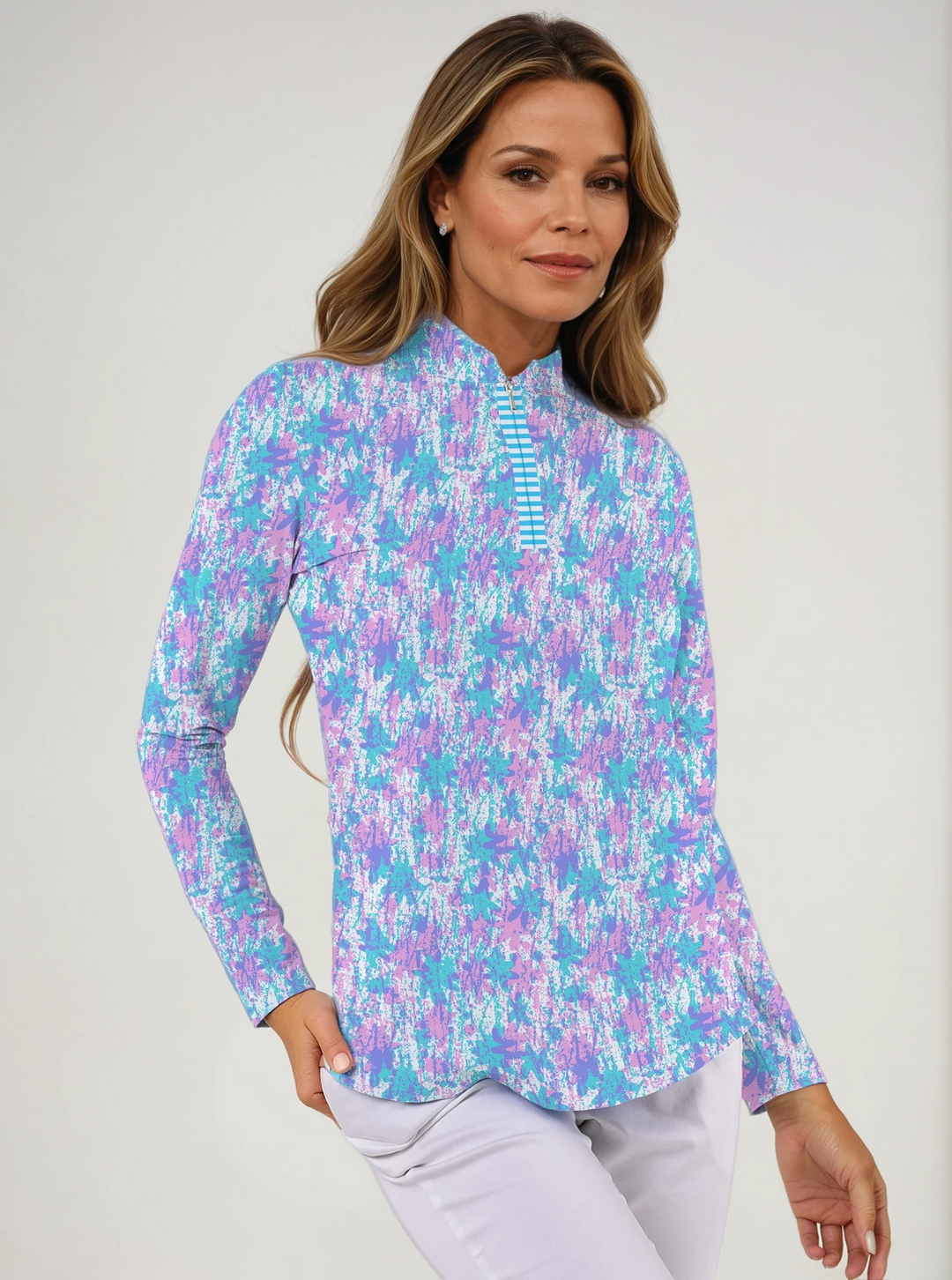 Nylon Long Sleeve Zip Mock Neck Top