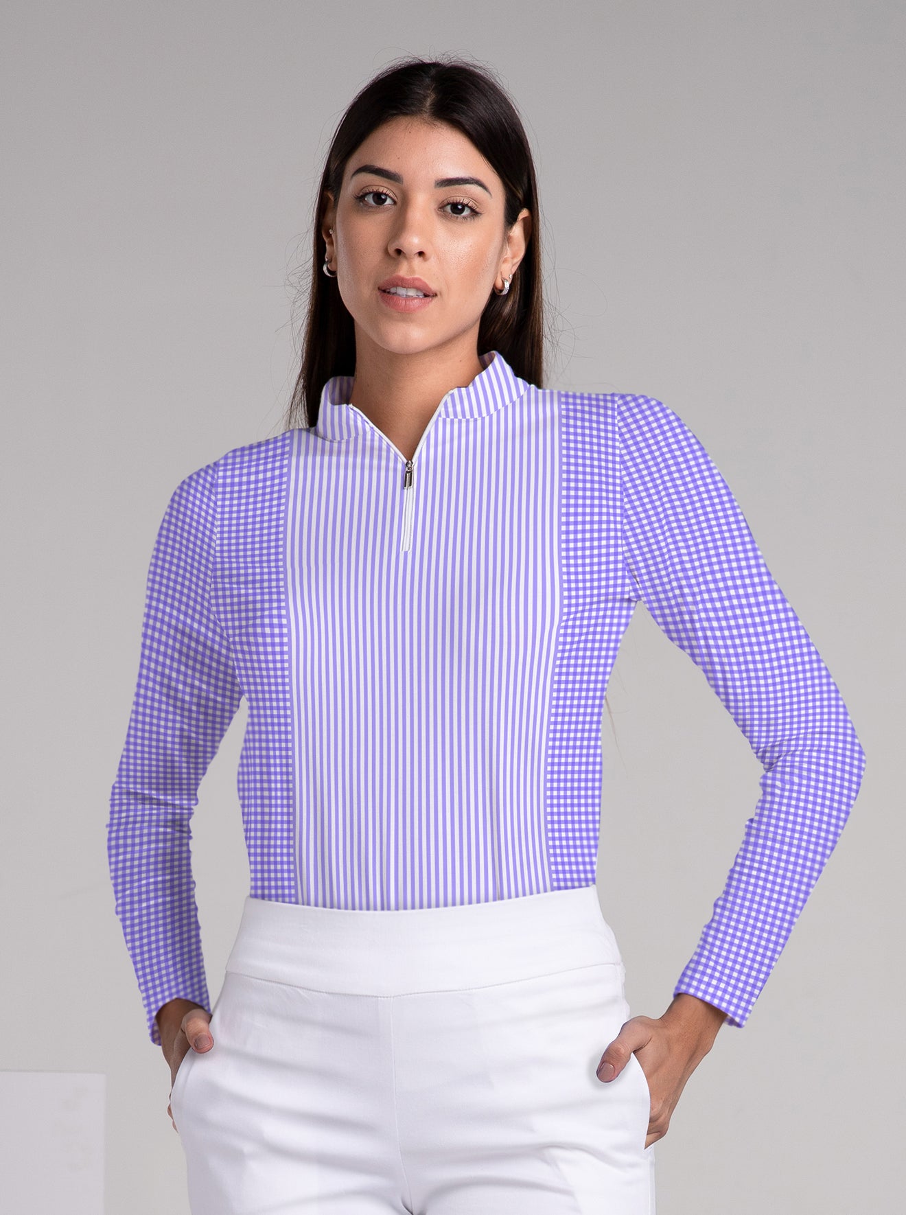 Verona Stripes & Check Print Cotton Knit Zip Mock Neck Top