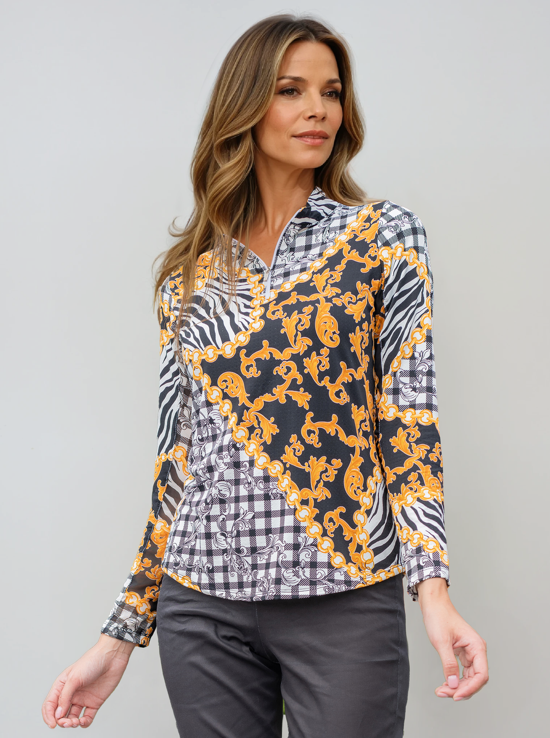 Nylon Long Sleeve Zip Mock Neck Top