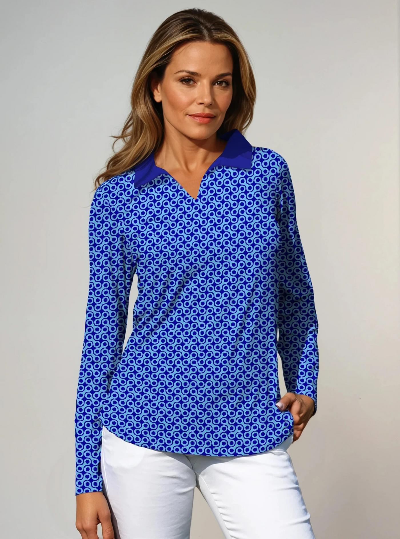 Block Me Print Cotton Knit Long Sleeve V-Neck Collar Top