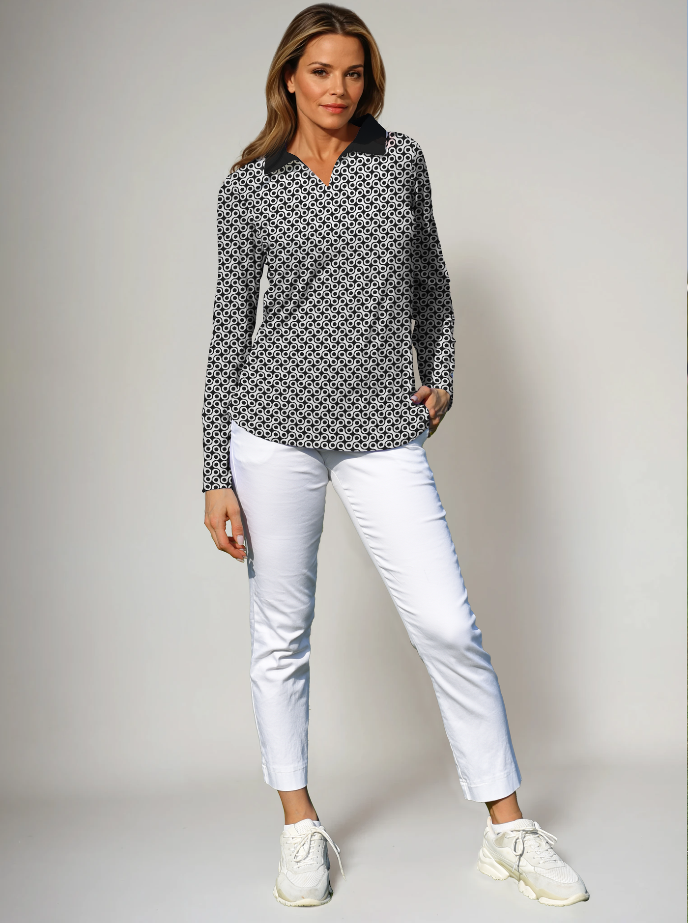 Block Me Print Cotton Knit Long Sleeve V-Neck Collar Top