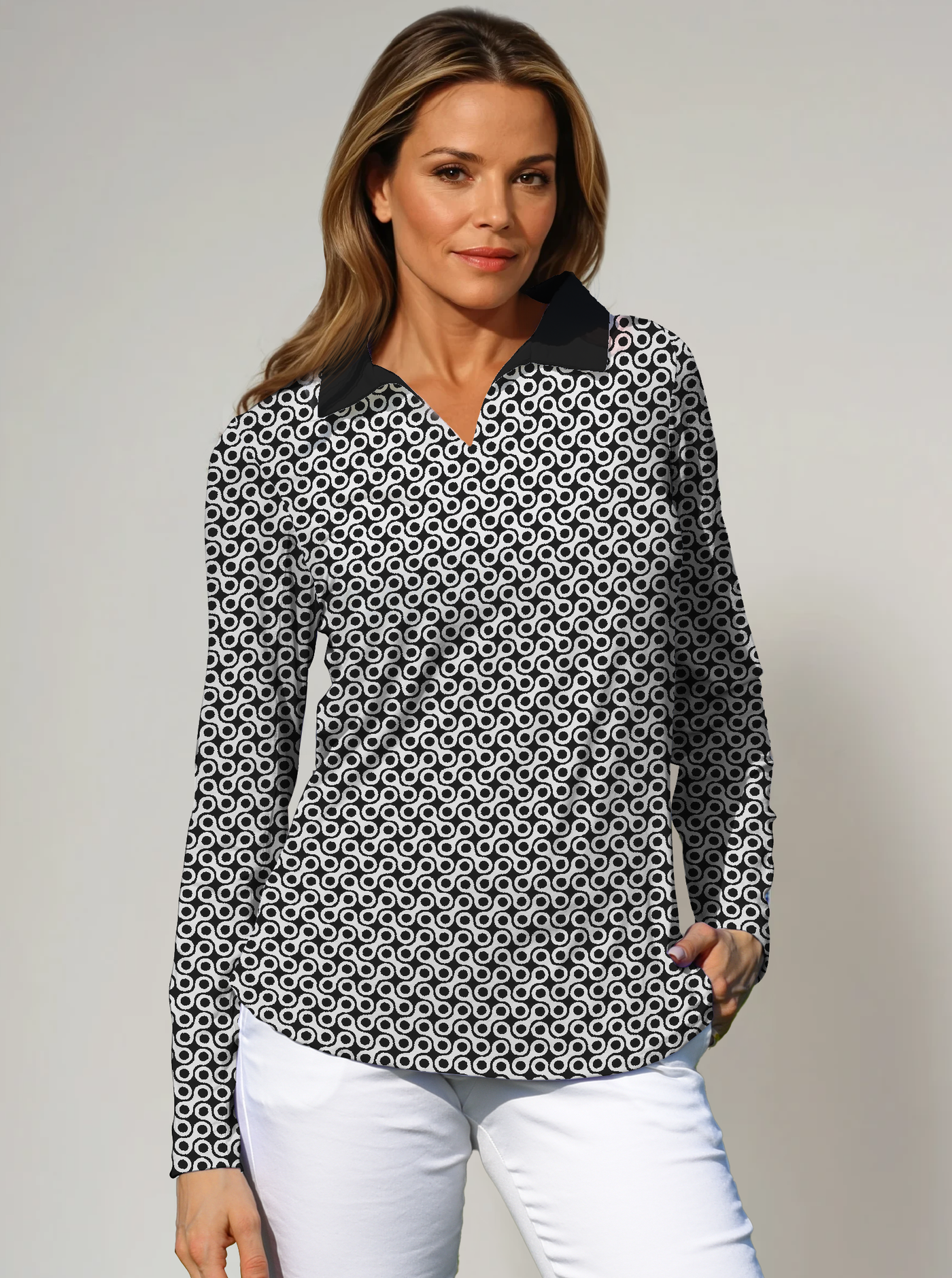 Block Me Print Cotton Knit Long Sleeve V-Neck Collar Top