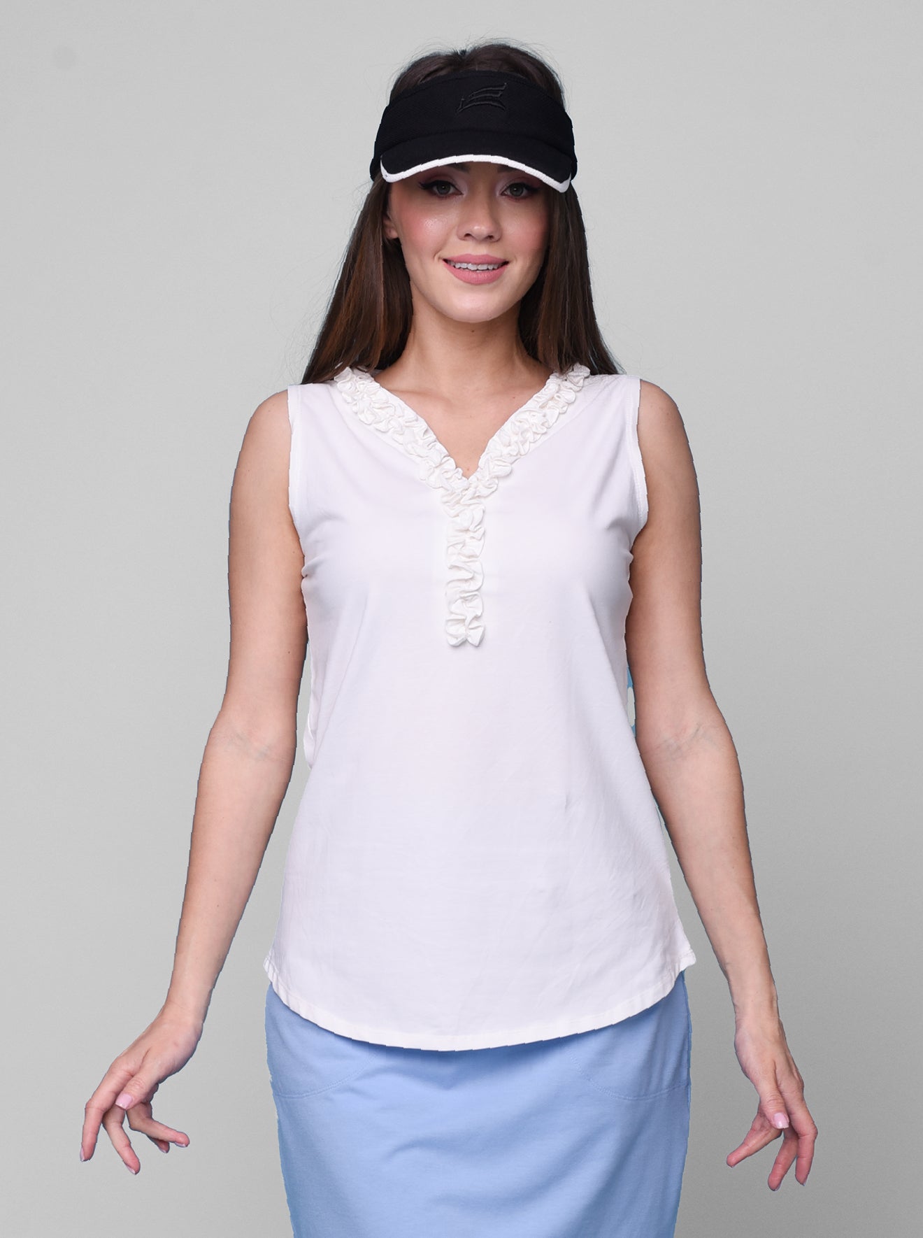 Solid Knit Sleeveless Frill Neck Top