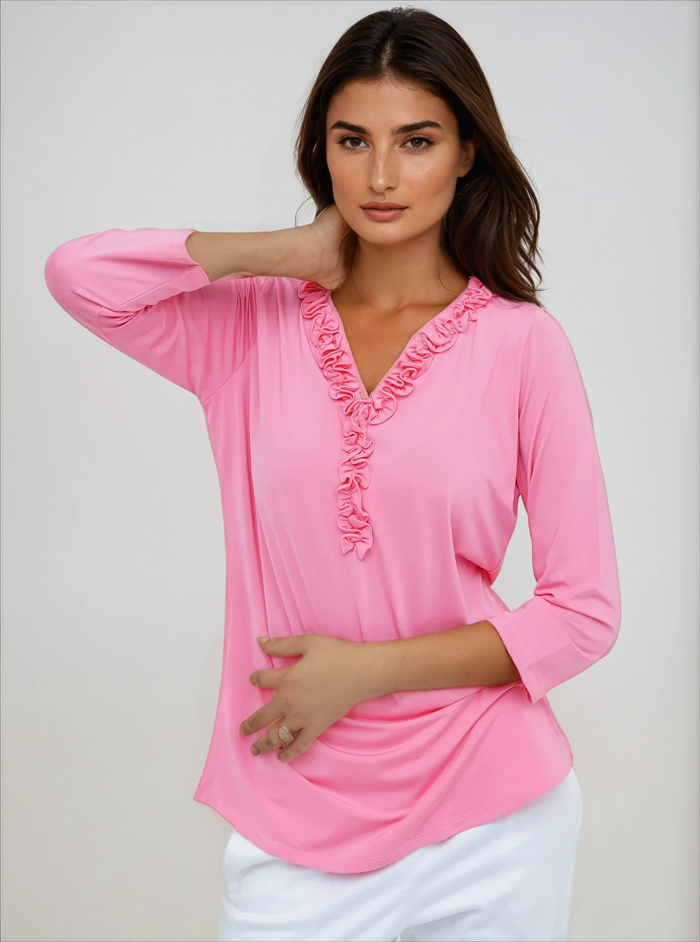 3/4 Sleeve Frill Neck Supplex Top