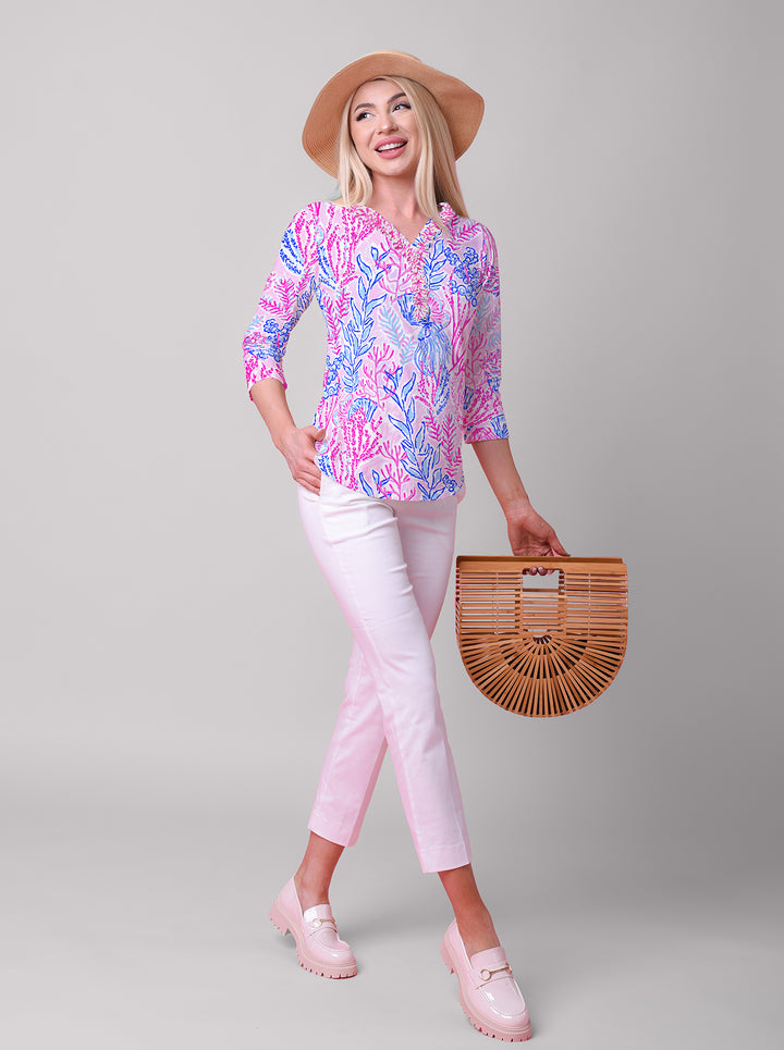Deep Sea Print Cotton Knit 3/4 Sleeve Frill Neck Top