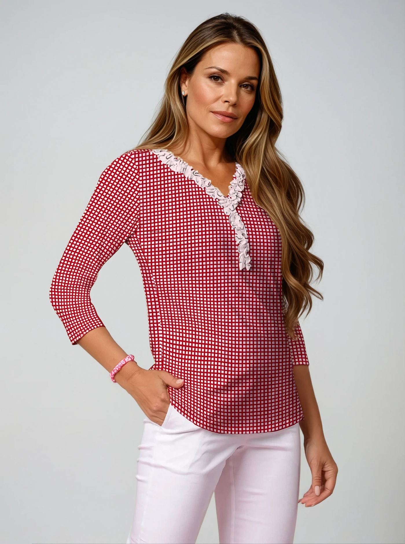 Vichy Check Print Cotton Knit 3/4 Sleeve Frill Neck Top