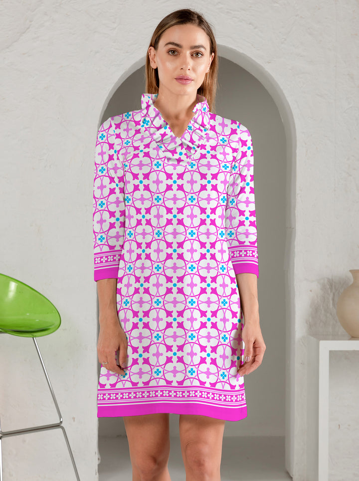 Close to heart Print Cotton Knit 3/4 Sleeve Ruffle Portrait Neck Dress (Regular Fit)