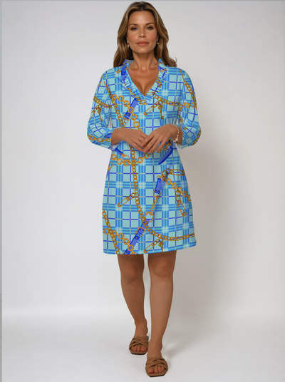 Nylon 3/4 Sleeve Ruffle Portrait Neck Dress