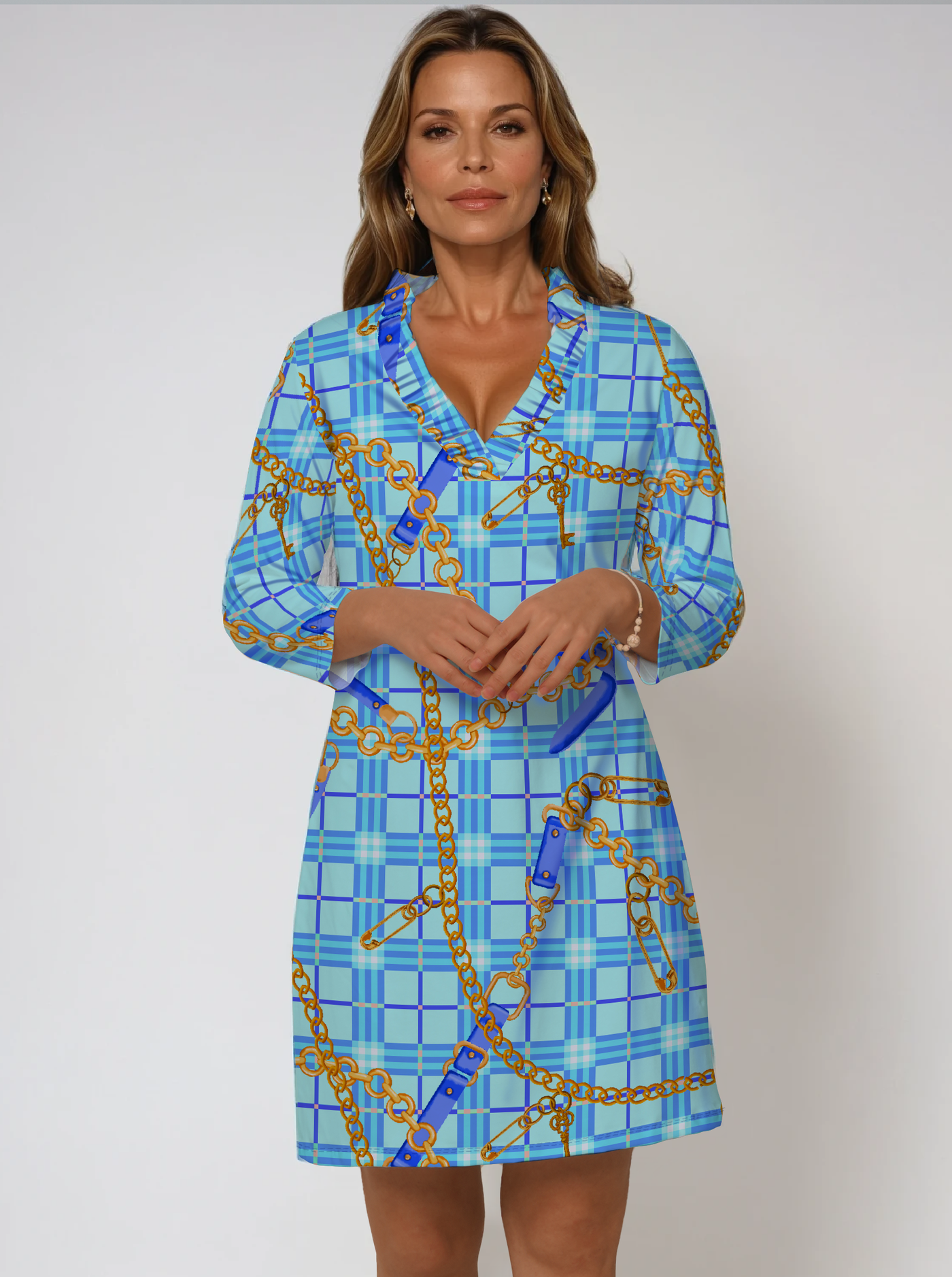 Nylon 3/4 Sleeve Ruffle Portrait Neck Dress